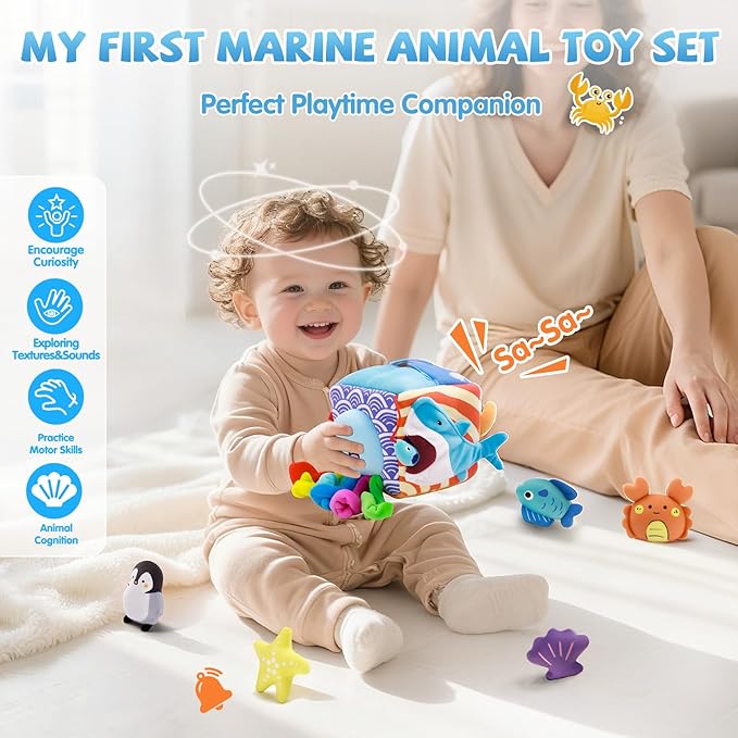 SAIMAND Baby Toys 6-12 Months–Mystery Soft Box with 5 Plush Marine Animals,Rattle,Crinkle Paper & Mirror–Montessori Sensory Toys for 6 Month Old Babies 1-3 Year Old Boy Girl Birthday
