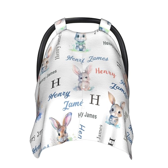 Personalized Winter Baby Car Seat Cover with Name Rabbit Winter Car Seat Cover for Baby Seat or Stroller Custom Infant Car Seat Covers Bunny Minky Blankets Nursing Cover Breastfeeding Scarf