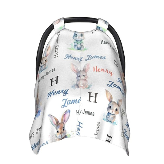 Personalized Winter Baby Car Seat Cover with Name Rabbit Winter Car Seat Cover for Baby Seat or Stroller Custom Infant Car Seat Covers Bunny Minky Blankets Nursing Cover Breastfeeding Scarf