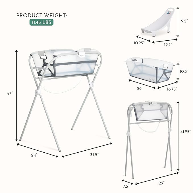 Evolur Supple Baby Spa Set with Infant Bathtub, Hammock Support Seat & Metal Frame, Newborn Tub for 0–12 Months, Complete Baby Care Essentials Gift Set for New Parents, White