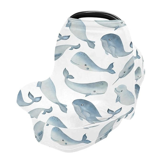 Watercolor Narwhal Whale Cachalot Beluga Animal Pattern Stretchy Baby Car Seat Cover Infant Canopy Nursing Covers Breastfeeding Cover Breathable Windproof Winter Scarf for Boys Girls