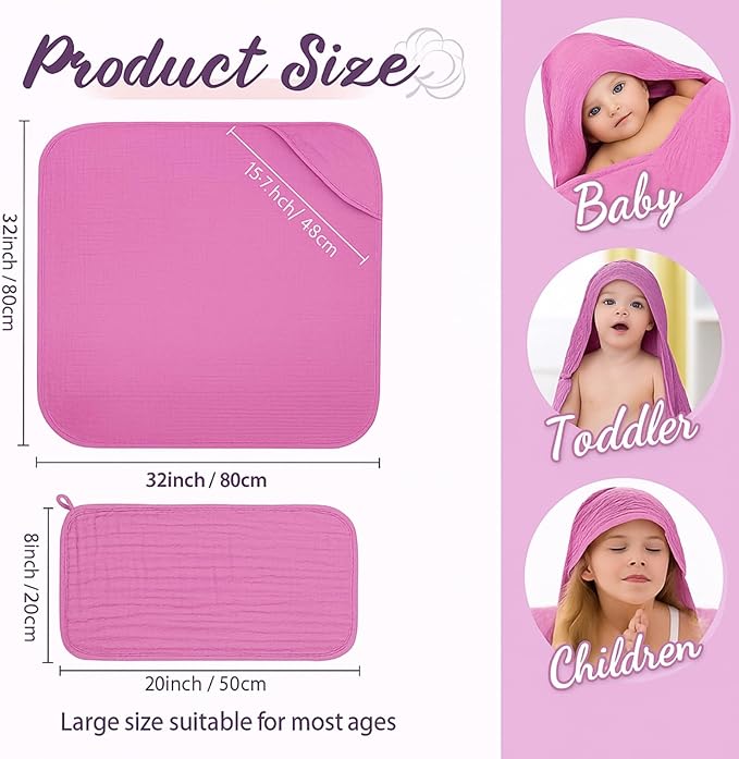 VitalCozy 8 Pcs Baby Muslin Hooded Bath Towels and Washcloths, Muslin Hooded Baby Towels Absorbent Blankets for Gift Newborn Infant Shower (Pink,Purple)