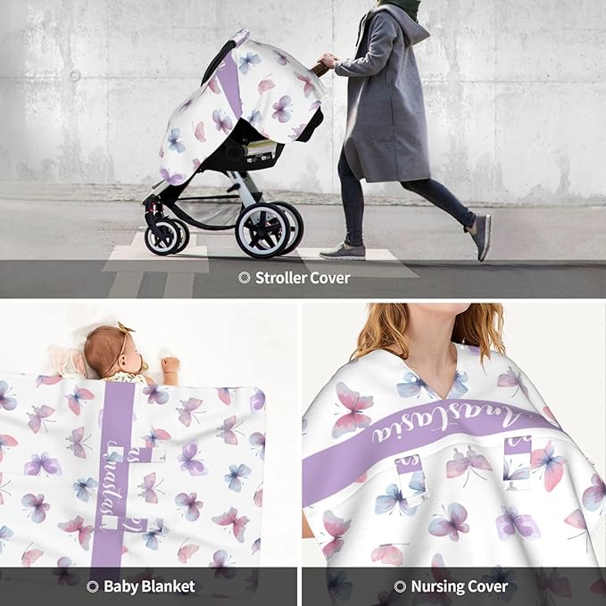 Personalized Colorful Butterfly Baby Car Seat Canopy with Name – Custom Nursing Cover, Stroller Seat Cover, Breastfeeding Privacy Blanket, Soft Breathable Infant Cover for Newborn Girl Gift