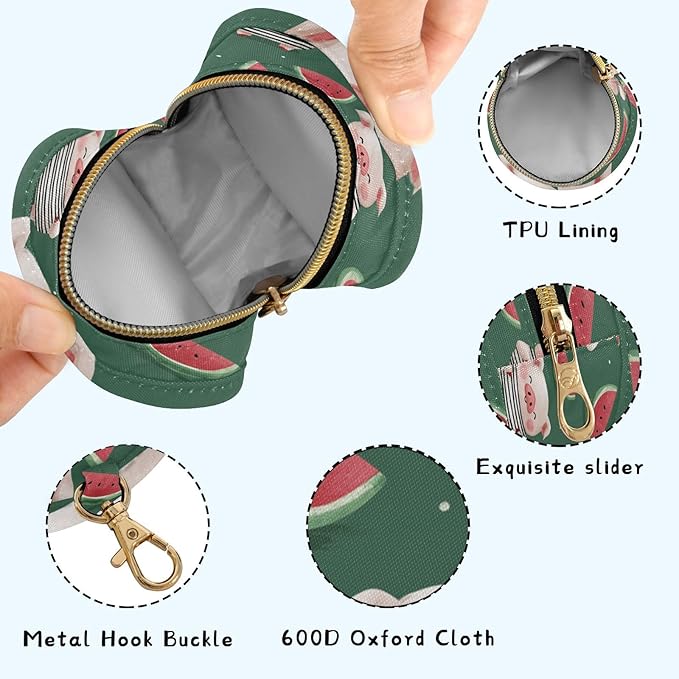 Pacifier Holder with Clip Pacifier Case for Diaper Bag Round Baby Pacifier Pouch Box Bag Portable Dark Green Pig and Watermelon