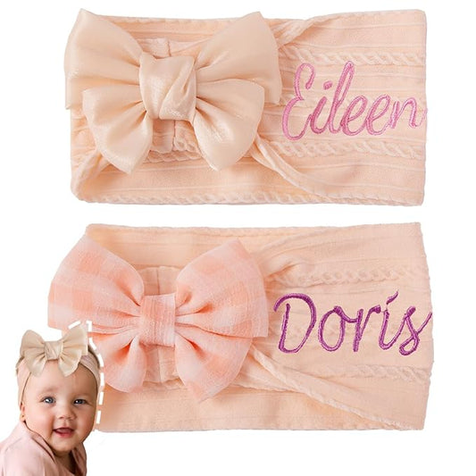Ulico 2 Pack Cute Custom Baby Girls Headband,Personalized Girls Headband with Name,Girls Embroidered Headbands,Newborn Headbands with Bow