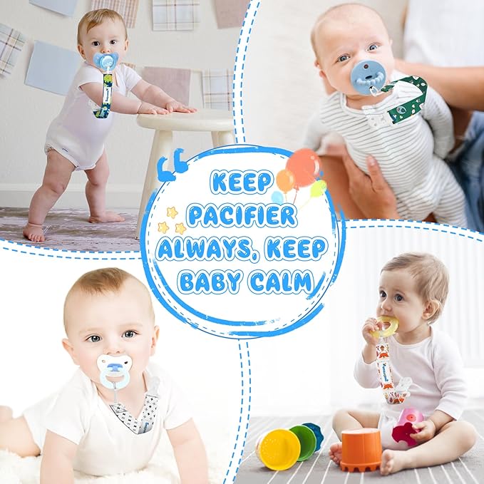 Smlpuame Baby Pacifier Clip for Boys Girl,6 Pack Stylish Binky Clips Strap,Paci Holder with Clips Universal Lightweight Fits Most Pacifiers Teeher Toy Teething Ring Soothie,Baby Gifts(Dinosaur-2)