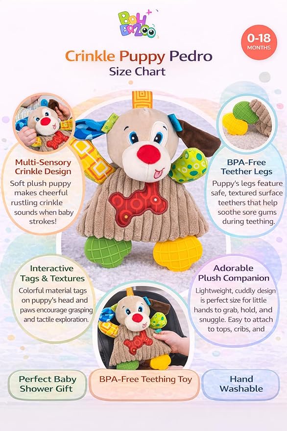 Balibazoo Crinkle Puppy Pedro Soft Plush Sensory Toy for Babies 0-18M | Crinkle Sounds, BPA-Free Silicone Teether Legs & Textured Tags | Developmental Activity Toy for Newborns & Infants | Gift