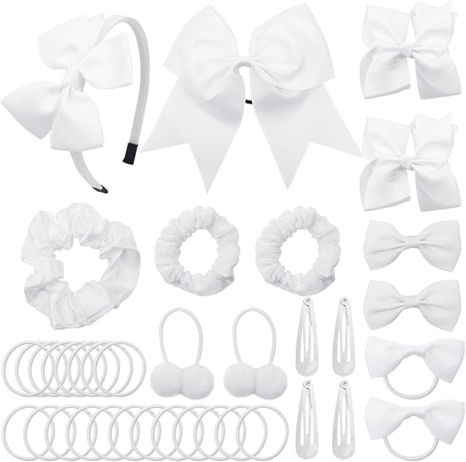 LACGO Pack of 37 School Uniform Hair Bow Accessories - Wedding Bridesmaid Grosgrain Hair Clips Bow Headband Ribbon Alligator Ponytail Holder for Toddlers Teen Girls Uniform Party Prom(White)