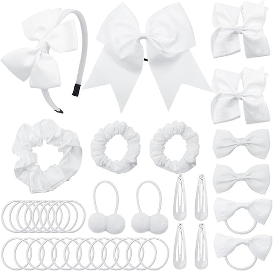 LACGO Pack of 37 School Uniform Hair Bow Accessories - Wedding Bridesmaid Grosgrain Hair Clips Bow Headband Ribbon Alligator Ponytail Holder for Toddlers Teen Girls Uniform Party Prom(White)