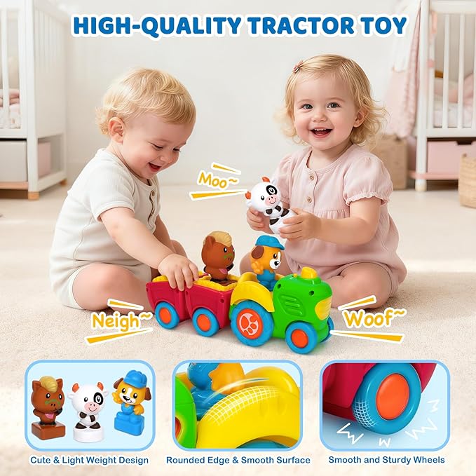 Animal Farm Tractor Toy for Toddler 1 2 3 Years Old, Musical Tractor Set with 3 Farm Animals, Montessori Learning Toy with Lights and Sounds, Christmas Birthday Gifts for Boys Girls 12 18 24 Months