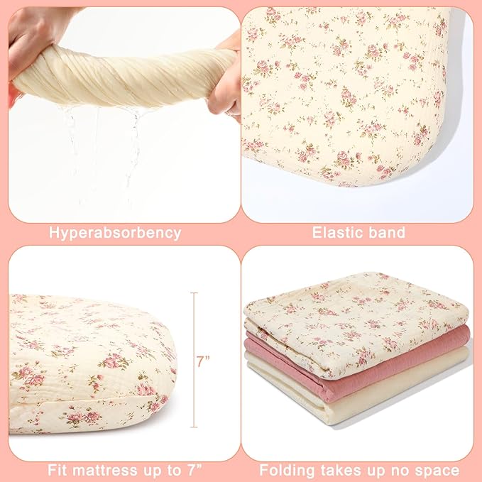 Newwiee Muslin Baby Lounger Cover 3 Pack Organic Cotton Removable Lounger Cover Soft and Breathable Nest Replacement Baby Slipcover for Newborn Infant Boys Girls(Pink, White, Beige,Floral)