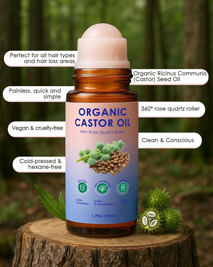 Organic Castor Oil Roll On - 2PCS 100% Pure Cold-Pressed, Hair, Face & Skin Moisturizing, Reducing Dark Circles,Nail and Cuticle Care - Easy to Apply, 50ml*2