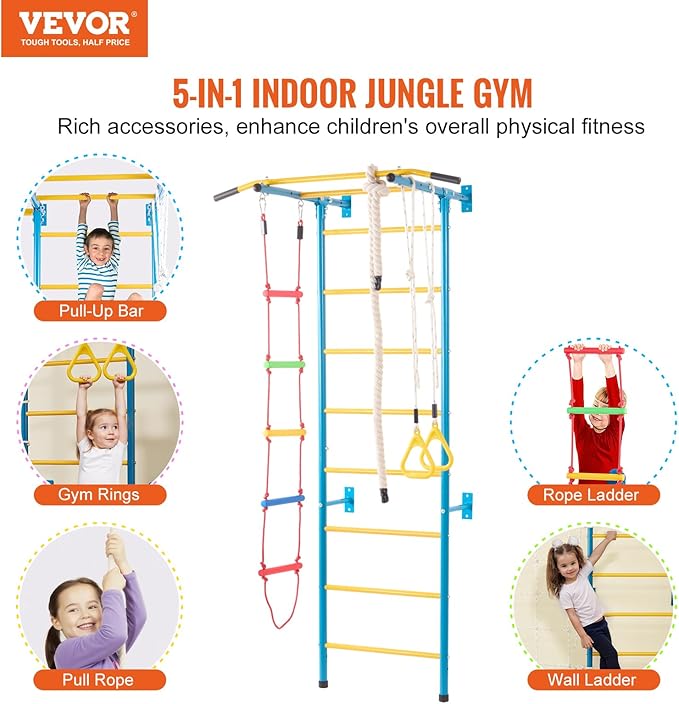 VEVOR Indoor Jungle Gym for Toddlers, 5-in-1 Climbing Playset with Carbon Steel Swedish Ladder, Wall Ladder, Pull-Up Bar, Rope Ladder, and Gymnastic Rings, Supports 220 lbs, Multicolor