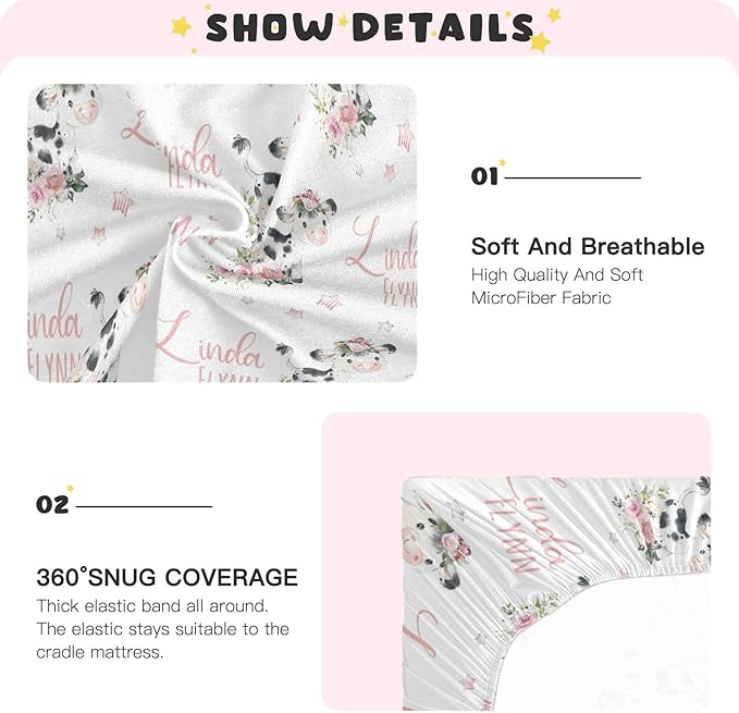 Personalized Pack & Play Sheets with Floral Cow Pattern for Baby Girls, Soft and Breathable Material - Includes Fitted Sheet and Name