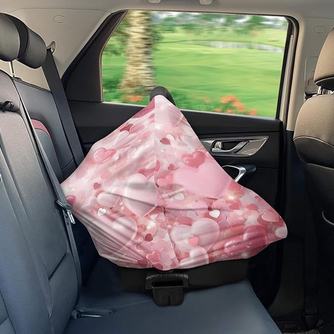 Pink Love Heart Print Stylish Infant Babies Nursing Cover Valentine's Day Theme Stretchy Car Seat Canopy for Shopping Cart/High Chair/Stroller Covers