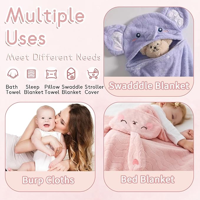 2 Pack Hooded Towels for Toddlers - Thick 55" x 27.5" Baby Bath Towel Set for Girls and Boys - Super Absorbent, Age 1-5, Elephant & Rabbit