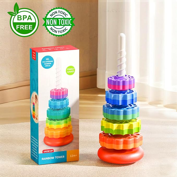 Baby Spinning Stacking Toys Sensory Toys for Toddlers 1-3, Rainbow Ring Spin Montessori Toys for Babies 6-12 Months, Autism Learning Toy for 1 2 3 One Year Old Girl Boy Christmas Birthday Gifts