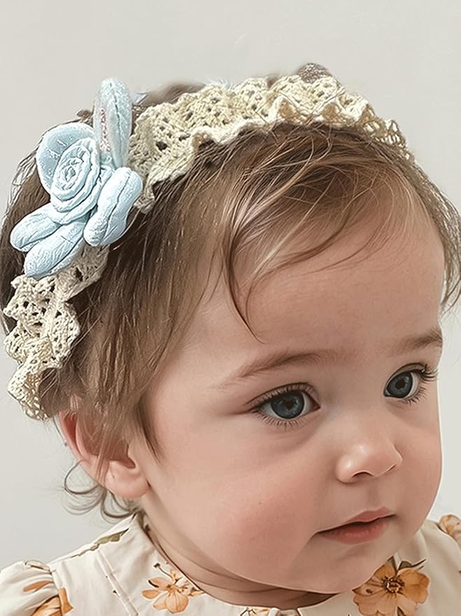 Baby Girls Hairbands Lace Flowers Headband Handmade Soft Stretchy Colorful Flower Hairband Newborn Headbands with Pearls Elastic Hairbands for Infant Head Band (Blue Flowers)