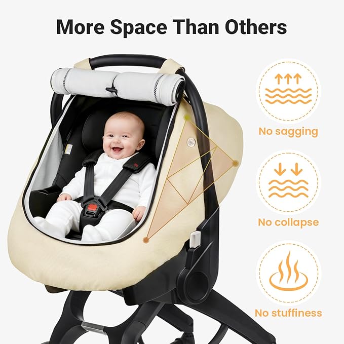 Rquite Car Seat Cover Baby, Winter Carseat Covers Boy Girl, Waterproof Infant Car Seat Cover Warm Car Seat Canopy for Cold Weather, Windproof Baby Carrier/Stroller Cover with 2 Layers Windows, Beige