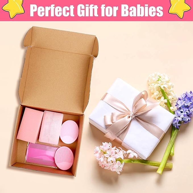 Cradle Cap Brush for Babies, 5Pcs Cradle Cap Treatment Set with Soft Bristle Brushes Silicone Scrubber Fine-Tooth Comb for Newborn Bathing Essentials Baby Brush and Comb Set (Pink)