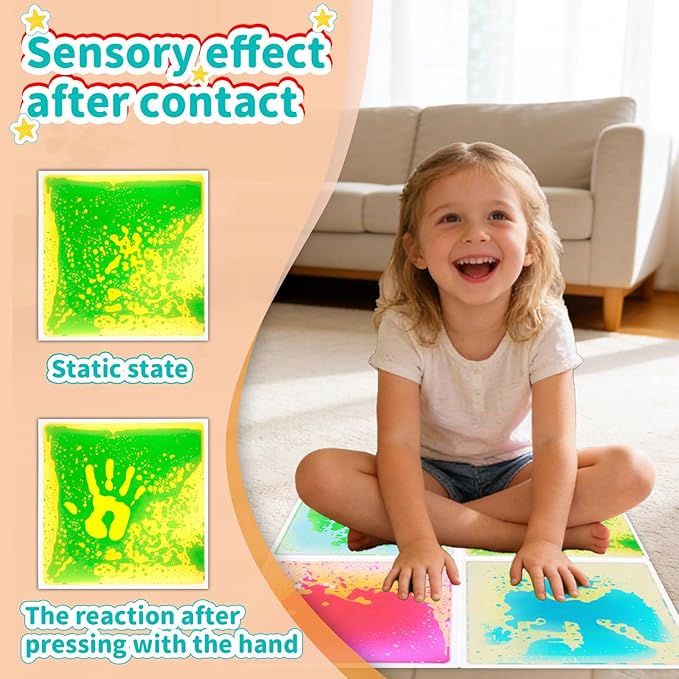 Sensory Floor Tiles Liquid for Kids: Motion Activity Play Mat 12x12 Inch Non-Toxic Anti-Slip Leakproof - 4 Colorful Pads Tactile Exploration & Visual Tracking Toys for Classroom/Autism Room