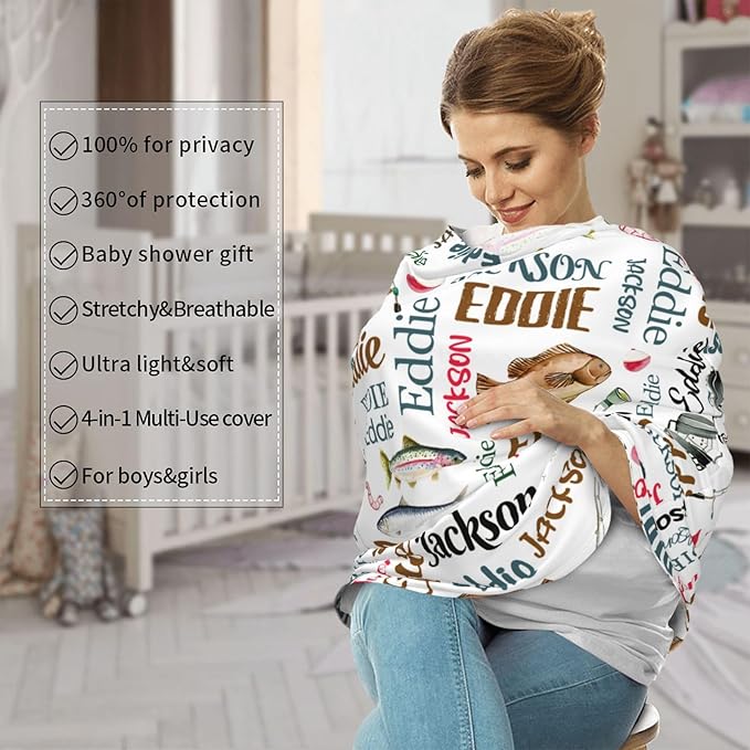 Personalized Baby Car Seat Cover for Boys Girls, Custom Fishing Nursing Covers for Breastfeeding with Name, Infant Stroller Cover, Baby Carseat Canopy for Newborn, Multiuse Car Seat Canopies