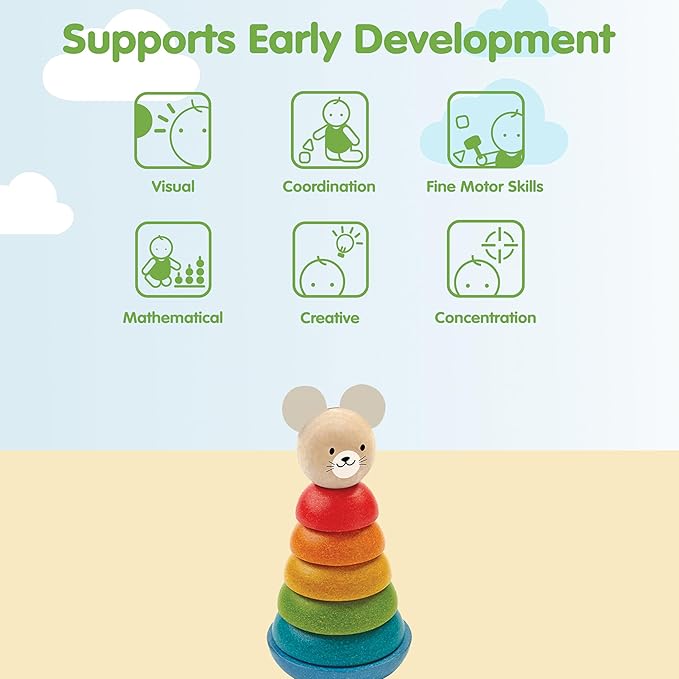 PlanToys® Mouse Stacking Ring Wooden Montessori Size and Colour Sorting Toy | Fine Motor, Coordination and Early Math Learning Activity | Eco Friendly Educational Stacking Toy