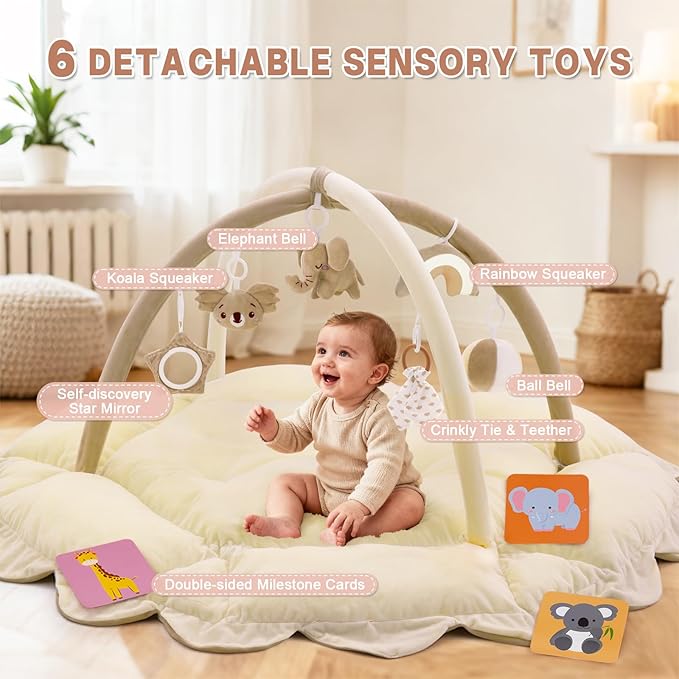 5-in-1 Baby Activity Gym & Play Mat with 6 Hanging Toys, Tummy Time Mat & Cards - Extra Large, Reversible Machine Washable Pad - Gift for Newborns, Infants 0-12 Months, Cream