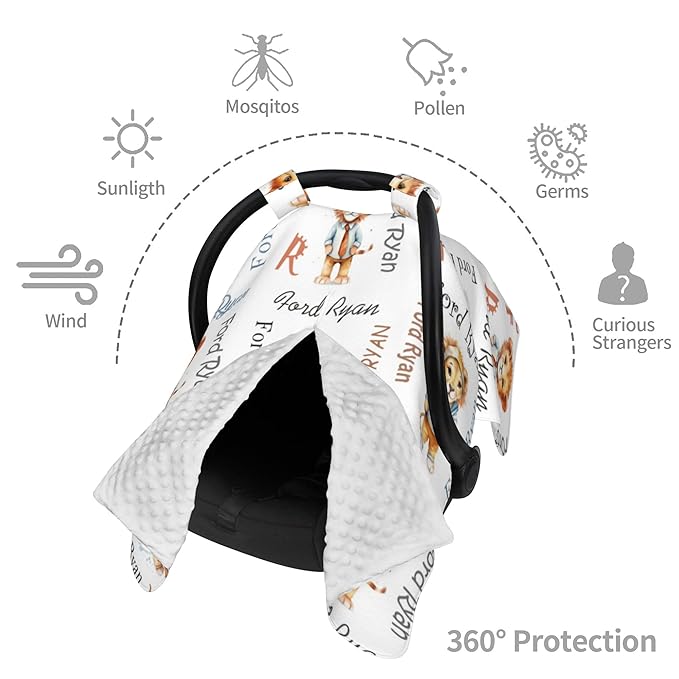Personalized Baby Car Seat Canopy Minky Lion Baby Blanket Custom Name Baby Car Seat Cover Girls Boys Infant Newborn Carseat Canopy Nursing Cover for Stroller Car Seat Canopies
