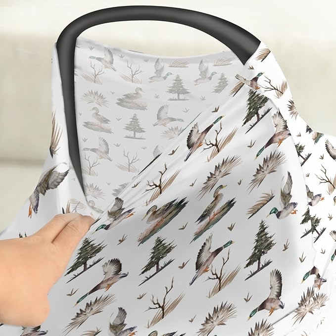 Retro Duck Hunting Car Seat Cover for Babies Vintage Flying Mallards Stretchy 5-in-1 Cover Adjustable Car Canopy Cover Wild Ducks Trees Leaves Breathable Nursing Cover-Up