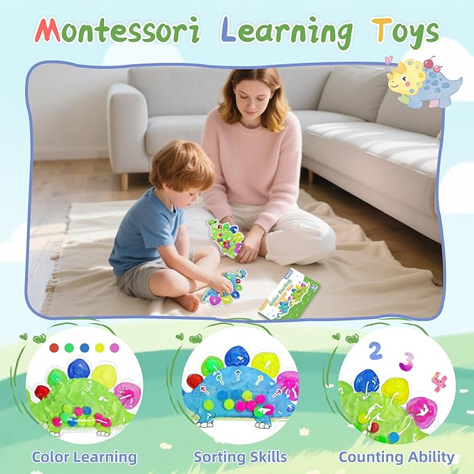 2pcs Dinosaur Color Sorting Sensory Toys, Fine Motor Skills for Toddler 3-5, Montessori Toy Preschool Learning Activities Travel Quiet Fidget Toys for Classroom, Gifts for Kids 3 4 5 Year Old
