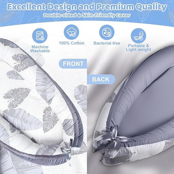 Baby Lounger, Baby Lounger for Newborn 0-24 Months, Premium Soft & Breathable Infant Lounger, Pure Cotton Baby Nest for Boys & Girls, Portable Newborn Lounger for Travel and Home.
