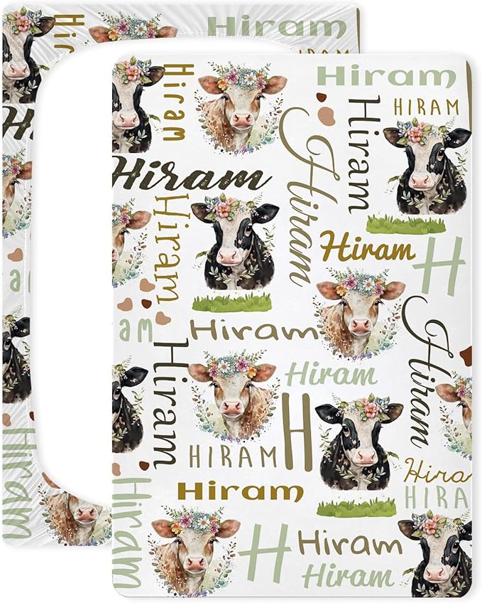 Personalized Cute Cow Pack N Play Sheets for Baby Girls Boys, Customized Mini Crib Sheets with Name, Stretchy Portable Playard Mattress Sheet Playpen Sheets, Gift for Newborn Infant