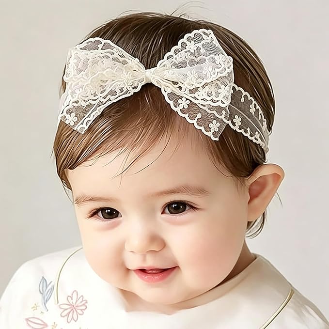 Baby Girls Bow Lace Headband Cute Soft Hairband White Butterfly Knot Headbands for Newborn Infants Toddlers Kids Christening Baptism Birthday Party Hair Accessories（Beige）