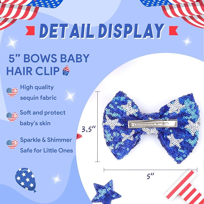 4th of July Hair Bows Clips Sparkly Cheer Sequins Bow Alligator Clips Hair Barrettes Kids Patriotic Bows for Girls Hair Accessories Star 2 Pcs