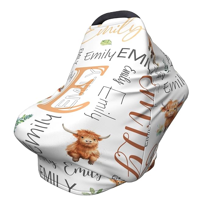Personalized Car Seat Covers with Name, Highland Cow Baby Canopy Carrier Cover, Breathable Breastfeeding Nursing Cover, Stretchy Multi-Use Infant Carseat Stroller Cover