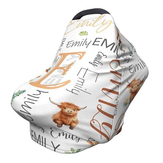 Personalized Car Seat Covers with Name, Highland Cow Baby Canopy Carrier Cover, Breathable Breastfeeding Nursing Cover, Stretchy Multi-Use Infant Carseat Stroller Cover