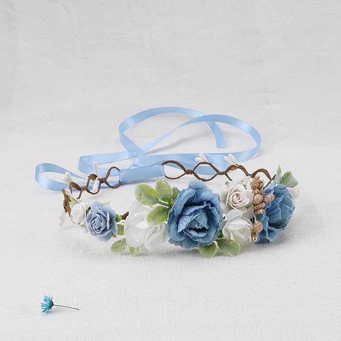 Flower Girl Flower Crown Pink Baby Girls Floral Headpieces Kids Headband Children Hair Wreath Photo Prop (Dusty Blue-Child Size)