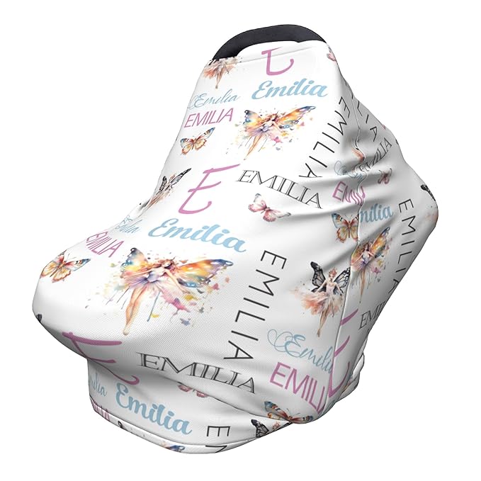 Personalized Baby Car Seat Cover with Name Stroller Canopy Custom Butterfly Carseat Cover Newborn Baby Boy Girl Nursing Cover for Moms First Birthday Gift