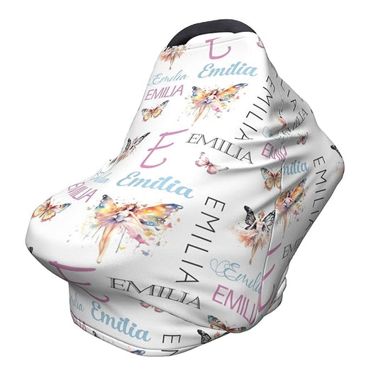 Personalized Baby Car Seat Cover with Name Stroller Canopy Custom Butterfly Carseat Cover Newborn Baby Boy Girl Nursing Cover for Moms First Birthday Gift