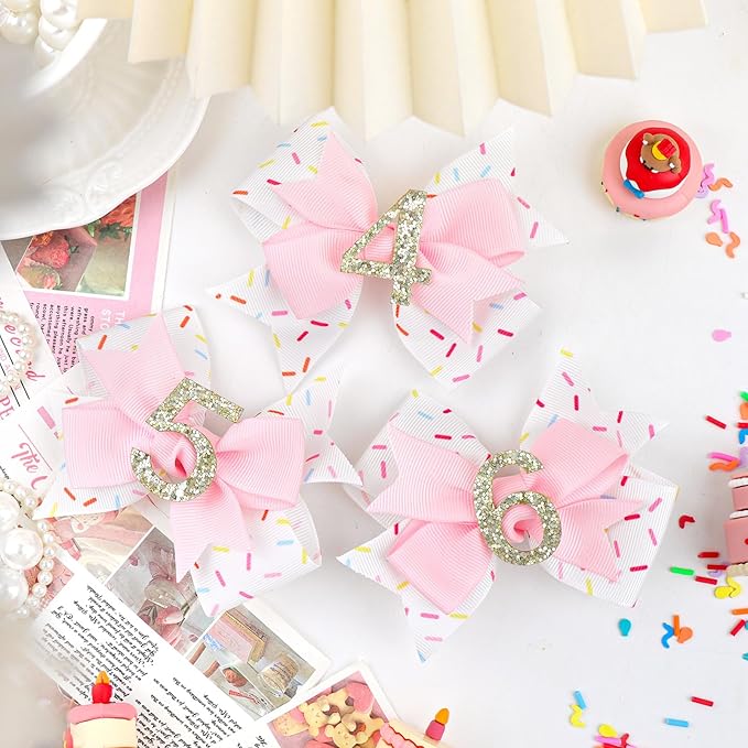 YanJie 1pcs 4'' Baby Hair Bow for 4 Years Old 4th Birthday Outfit Girl Birthday Decorations for Girl Glitter Infants Hair Clips Accessories with Bows