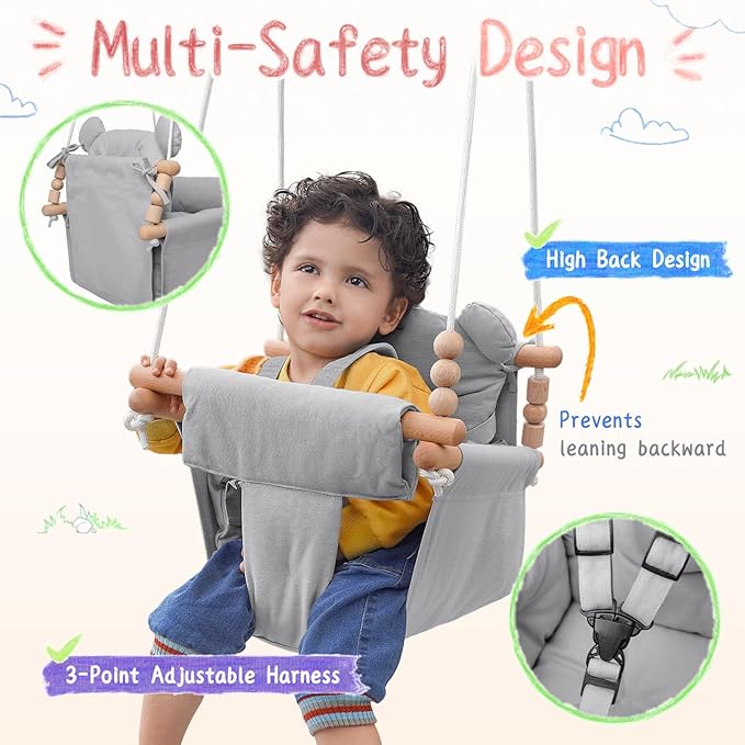 Baby Swing Indoor Outdoor,Secure Canvas Wooden Toddler Swing Seat, 3-Point Adjustable Safety Harness,Mounting Hardware Included,Gift for Boys and Girls, Grey
