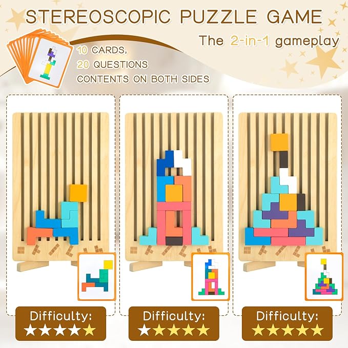 Wooden Stacking Puzzle Toy,3D Colored Wooden Puzzle,Russian Montessori Brain Blocks Puzzles Toys for Boys and Girls,Board Jigsaw Game Toys for Brain Teasers for Toddlers 3-8Years