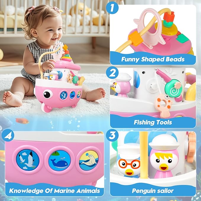 Love&Mini Toys for 1+ Year Old Girls - 9-in-1 Baby Boat Musical Toys Music and Sound, First Christmas 1st Birthday Gifts for 1+ Year Old Girls Gifts
