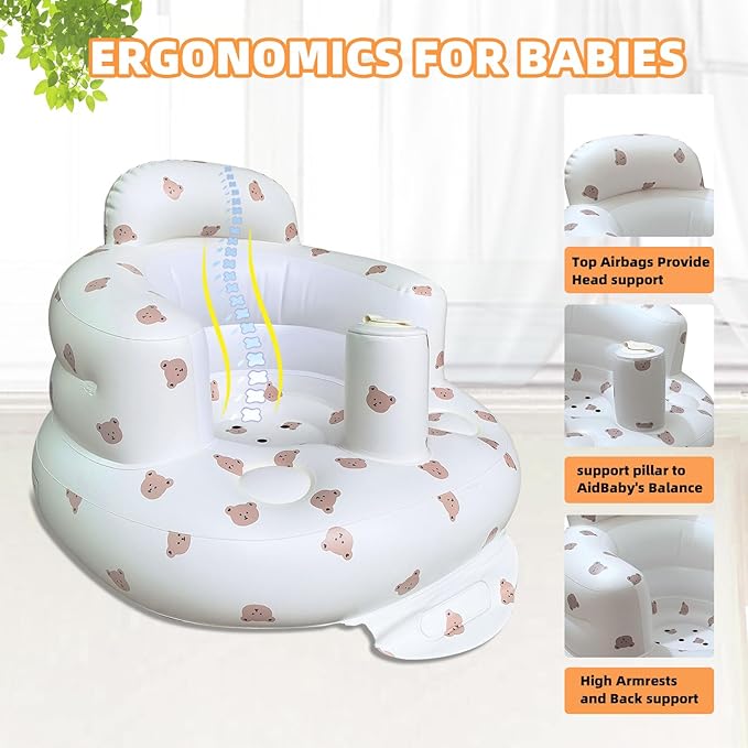 AGITVPS Inflatable Seat for Babies 3-36 Months, Built in Air Pump Baby Chair Sit Me up Floor Seat for Baby, Bumbo Seat for Learning to Sit, Feeding, Camping (Bear)