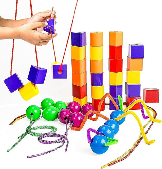 Skoolzy 46 Pcs Lacing Beads - Large Beads for Preschool Learning Activities, Sensory Toys for Toddlers 3-4, Autism Toys for Toddlers 3-4, Ideal for Cognitive and Motor Skills Development