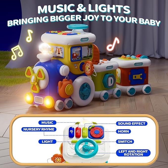 Montessori Toys for 1 Year Old Boy Girl, Musical Train Baby Toys 6-12 Months, 8 in 1 Activity Cube with Light Sound, Educational Gifts for Toddlers 1-3