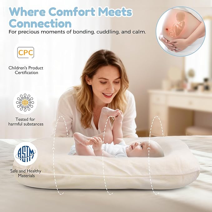 Baby Lounger & Snuggle Nest for Newborn 0-24 Months, Baby Nest Supervised Breathable Cotton for Newborn, Breathable Portable Lounnger for Travel and Home, Cashmere Beige (Lounger Cover Included)