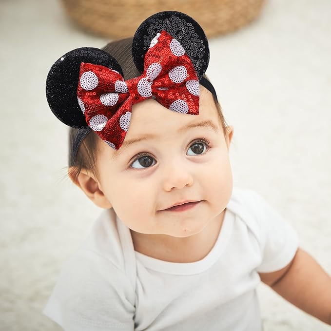 choicbaby Baby Girl Headbands Mouse Ears Headwrap with Sequin Polka Dot Bow Soft Stretchy Nylon Hair Bands for Newborn Infant Baby Toddler Girls- Pack of 2