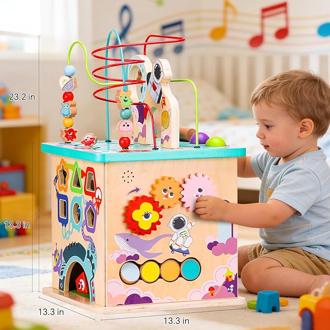 Pre-Assembled 9 in 1 Wooden Activity Cube. Educational Learning Toy for Kids with Bead Maze, Shape Sorter and Music Gears and More. for Toddlers 18 Month+. Birthday Gifts for Boys and Girls